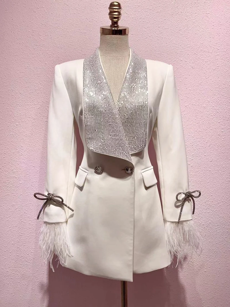 High-End Custom Lapel Rhinestone Slim Fit Slim Waist Feather Drill Buckle Suit Coat Women 2023 Spring New White Blazer Jacket