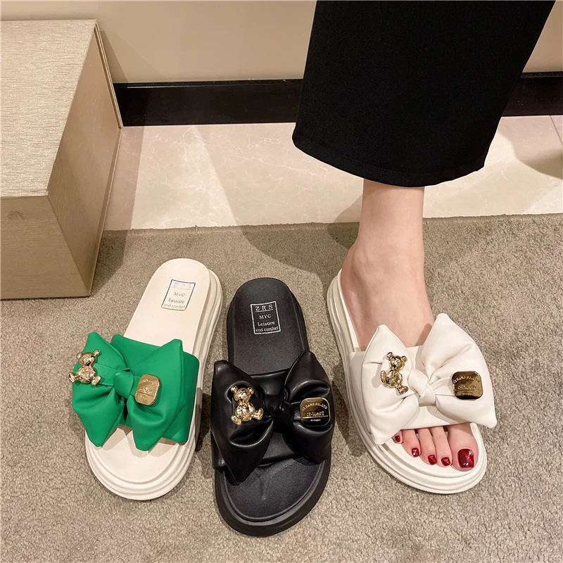 

Bow Shoes Outside Sandals 2022 Summer Anti-Skid Women's Heels All-Match Med Girls Medium Fashion Clogs New Slides Slipper Butter