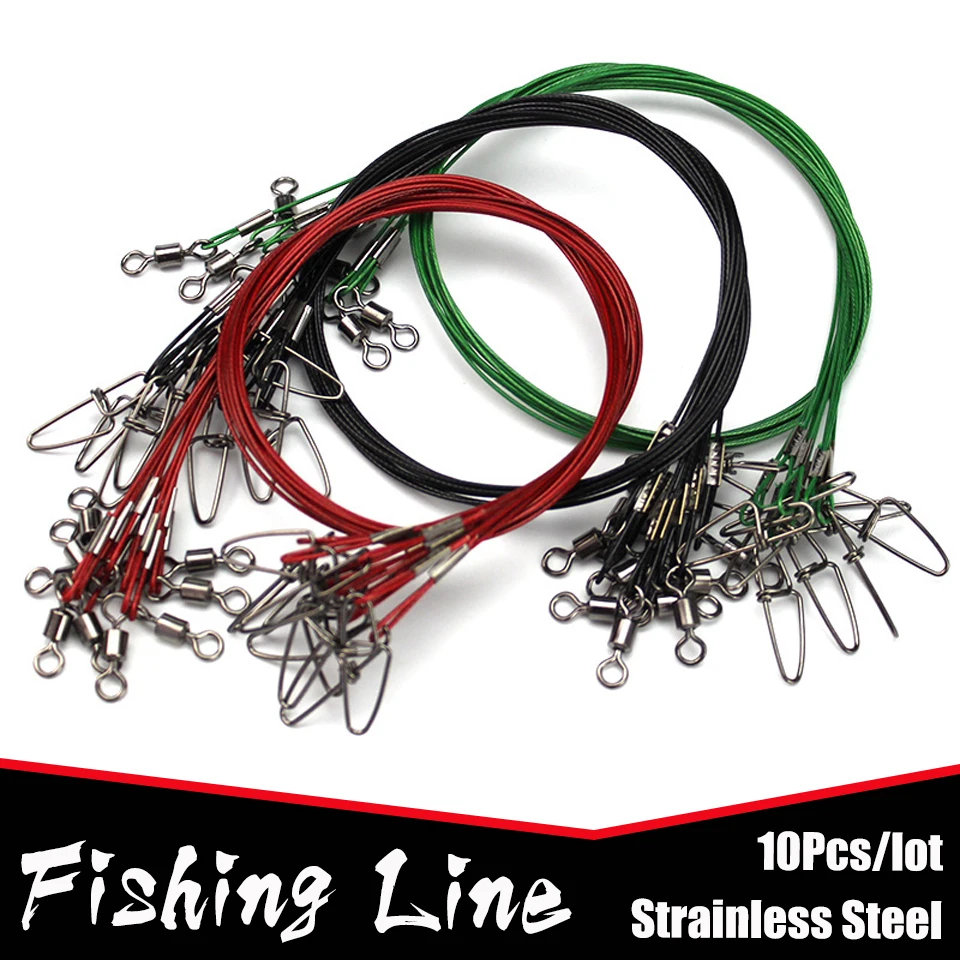 10pcs/lot 50cm Fishing Line Steel Wire Leader With Swivel Fishing Snap Accessories Red Black Green Leadcore Leash Peche Tackle