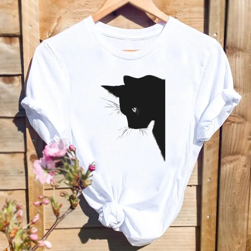 

Women Watercolor Cat Face Funny Print T-shirts Graphic T Top Fashion Cartoon Short Sleeve O-neck Summer Shirt Female Tee T-Shirt
