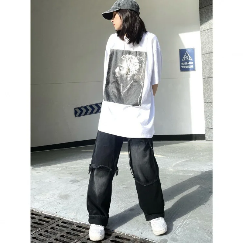 Men's Ripped jeans Darkness Wide Leg Denim Trousers Loose Straight Jeans American Street Style Man Jeans Pants Casual Baggy