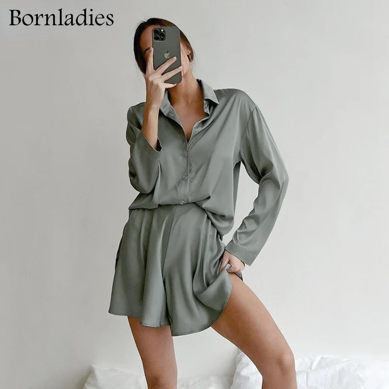 

Bornladies Casual Comfort Satin Suits Lapel Long Sleeve Shirt with Shorts Waist Soft Woman Outfit Spring Glossy 2 Pieces Sets