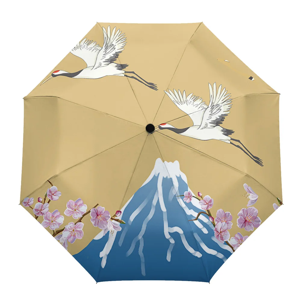

White Crane Snow Mountain Print Women Men Rain Umbrella Three Folding Girl Durable Portable Automatic Umbrellas Gift Parasol