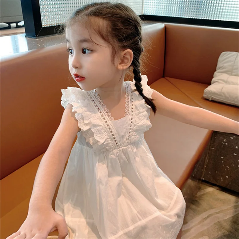 

Girls Summer New In Korea Elegant White Cotton Dress 1 2 to 8 10 Years Toddler Baby Vintage One Piece Cute Sundress Kids Clothes
