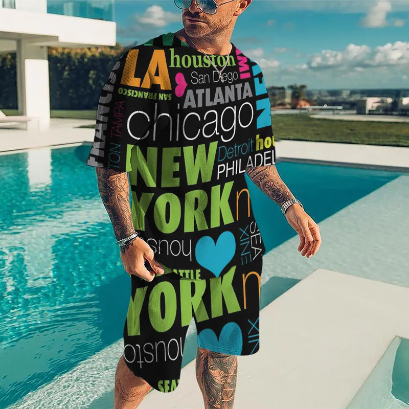 Travel Style Summer Men's Jogging Sportswear Fashion Short Sleeve T-shirt 2piece Set Letter Print Casual Womens Tracksuit Outfit