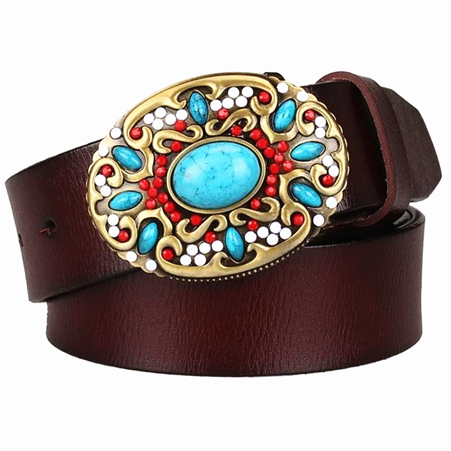 Fashion Women's Genuine Leather Belt Mosaic Gem Turquoise Belts Metal Buckle Arabesque Pattern Retro Lady Jeans Waistband Gift