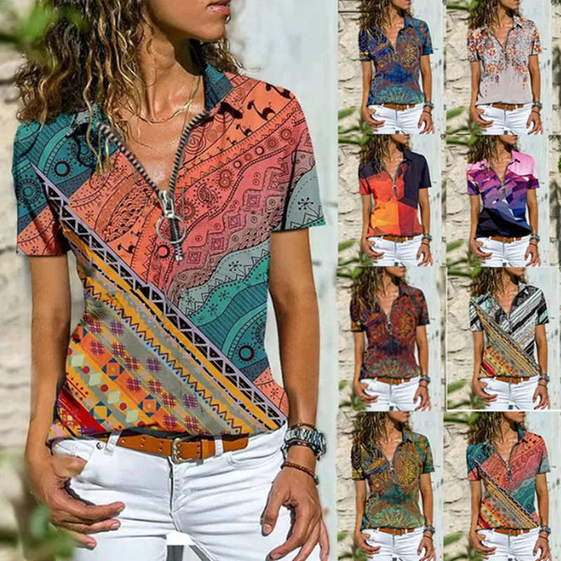 

Women's Casual Tops 2022 Summer Retro Boho West Ethnic Print Zip Short Sleeve T-Shirts Women's Street Loose Clothing