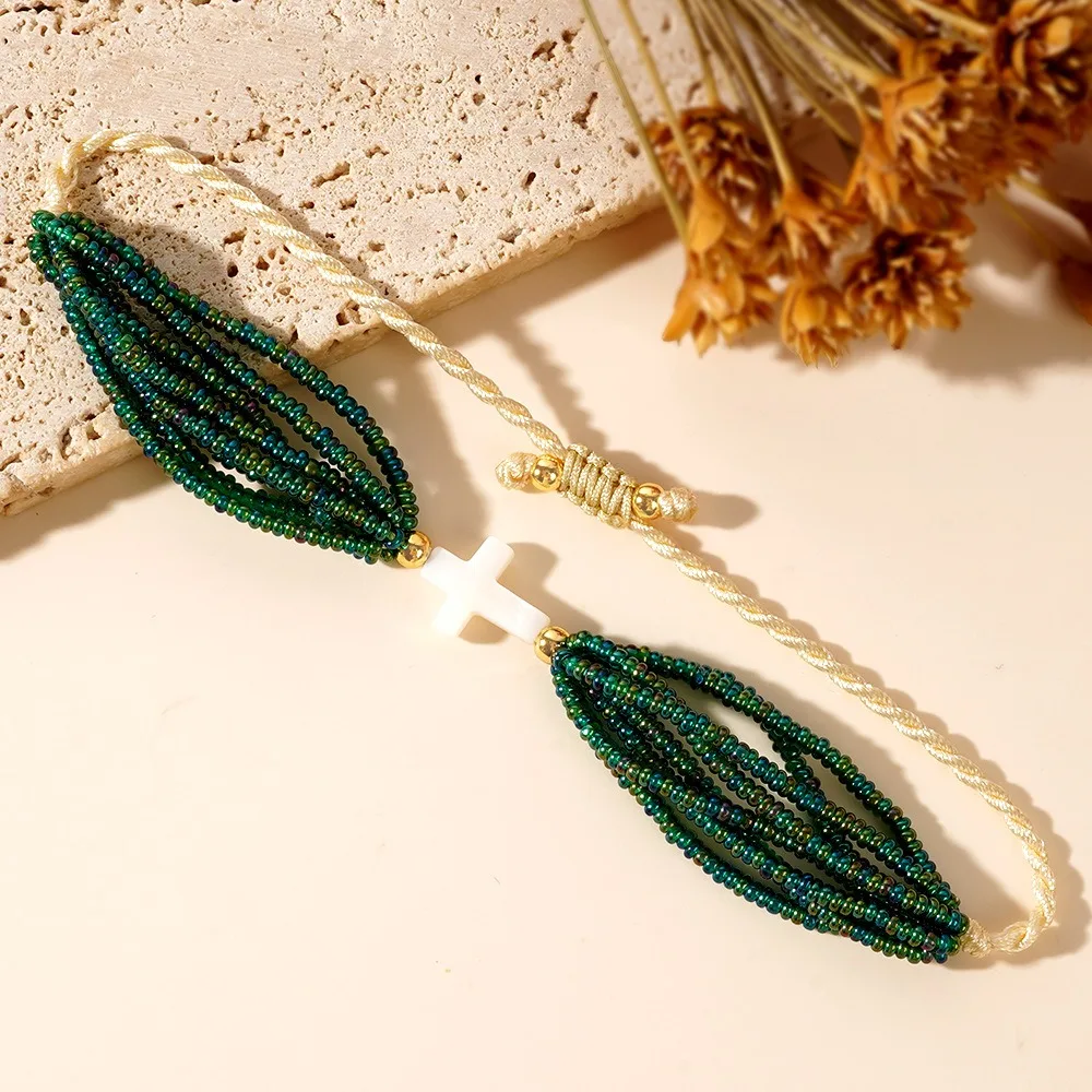 Бохо рисовые бусины позолоченные ракушки крест кулон браслет унисекс ручная