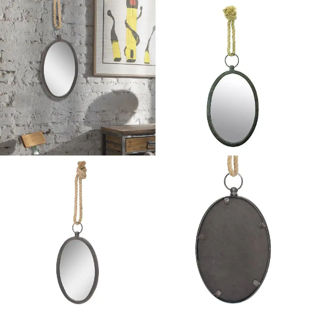 

Vintage-Inspired, Durable 7.6" Brown Industrial Wall Mirror with Rope Hanging Loop - Perfect Home Decor Addition.