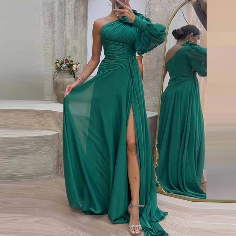 

Women Maxi Dress Sexy One-shoulder Rose Flower Design Pleated Long Party Dress 2023 Spring Fall High Waist Swing Mesh Boho Dress