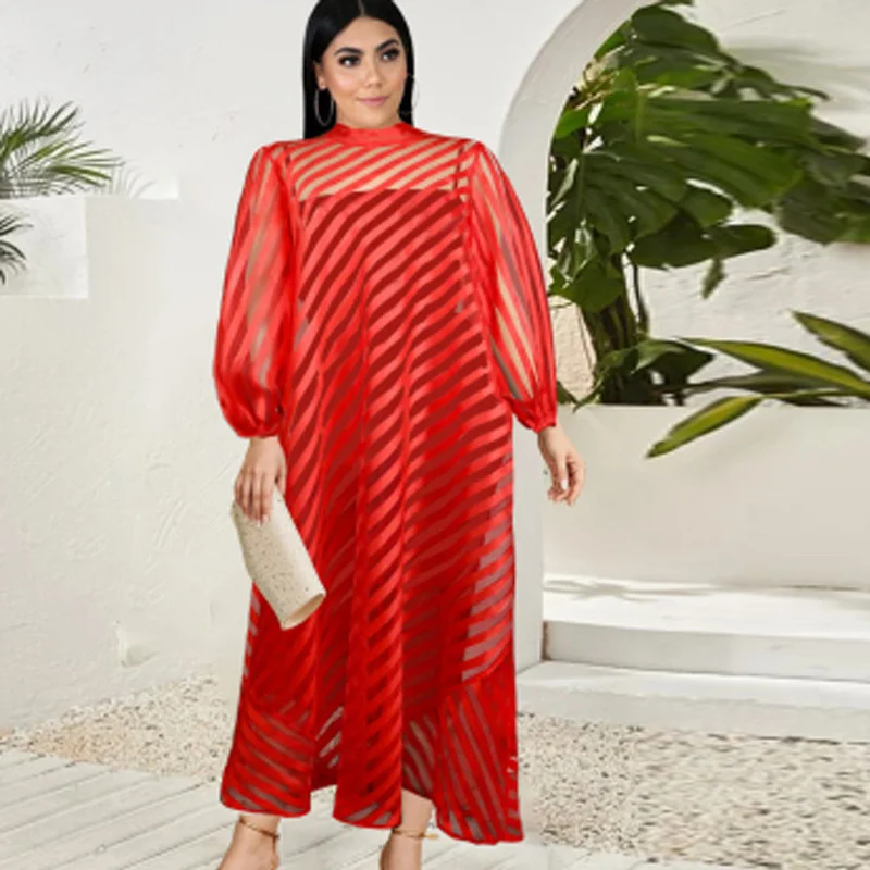 

Stand Collar Long Sleeve Loose Casual Large Stripe Sexy Perspective Women's Dress Elegant Party Evening Dress Female Clothes