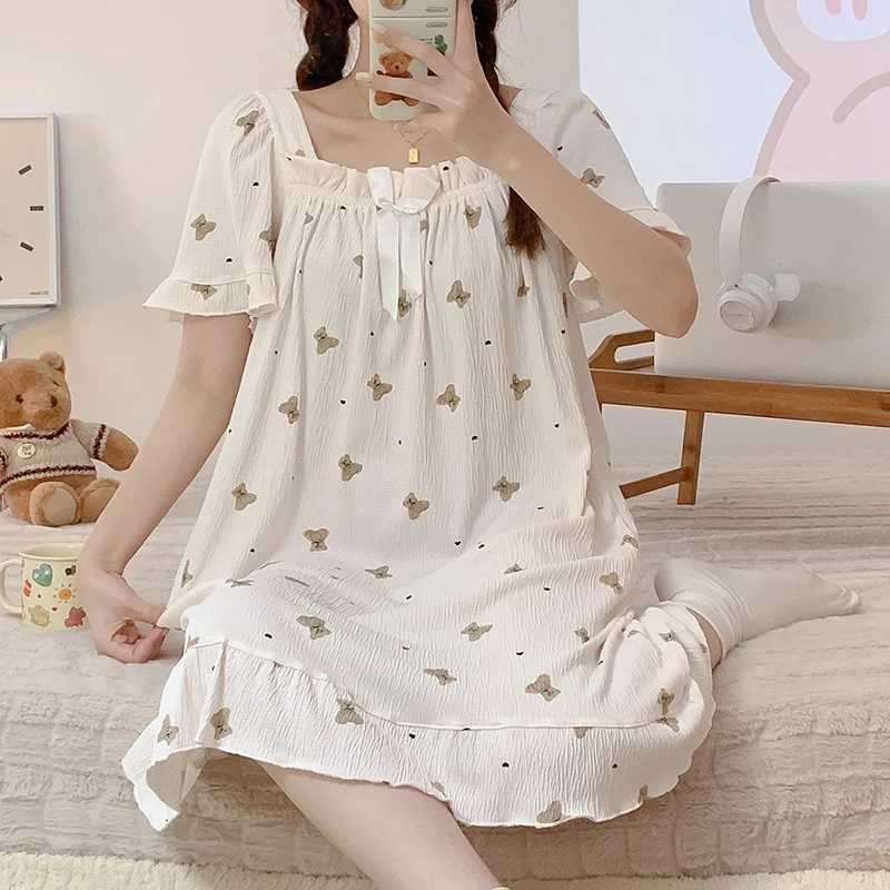 

2023 Summer Plus Size Short Sleeve Cotton Print Nightgown for Women Korean Cute Bow Sleepwear Night Dress Nightdress Home Nighty
