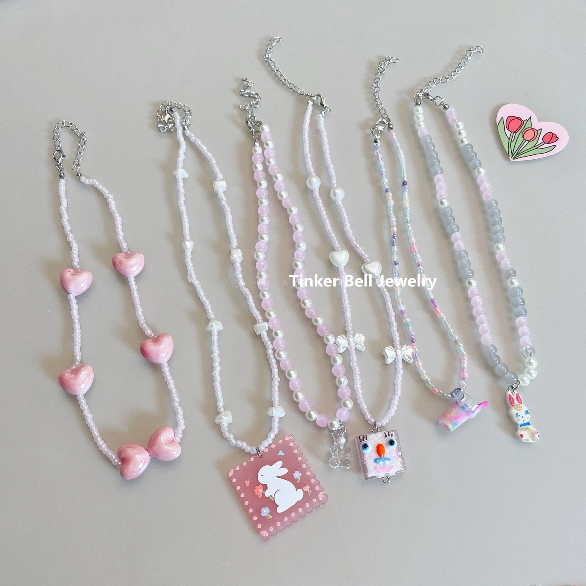 

2022 Goth Harajuku Vintage Heart Cute Animal Pendant Pink Beaded Necklace For Women Egirl Y2K Sweet Trend Jewelry Accessories