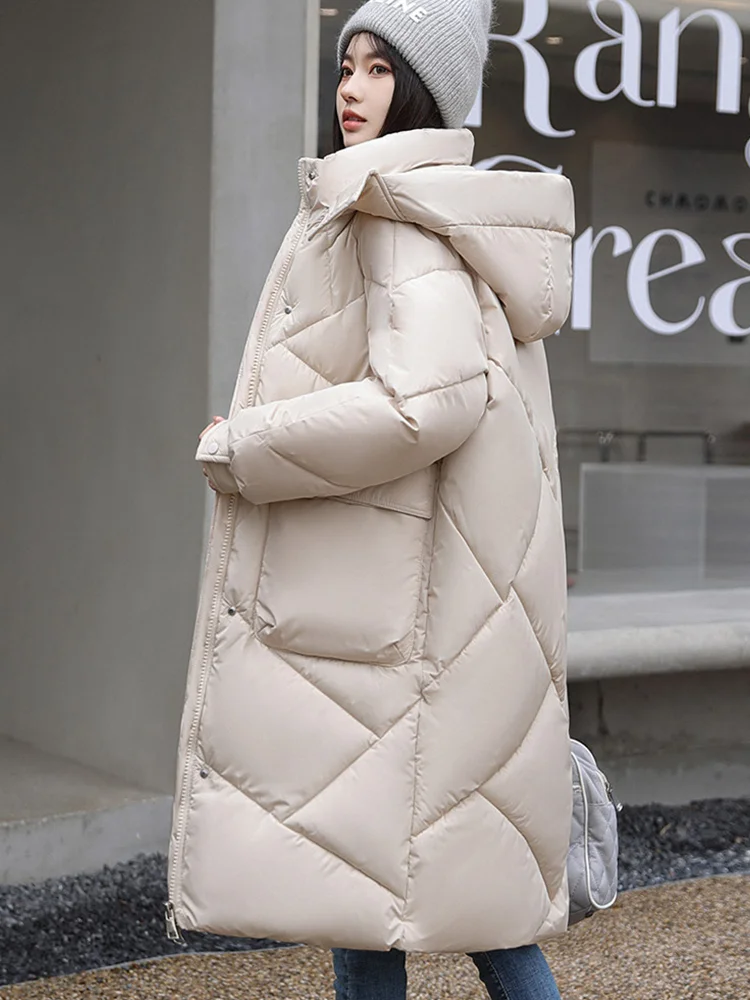 

Зимнее пуховое пальто из хлопка, Женская Толстая теплая длинная куртка, Женская корейская модная мягкая куртка с капюшоном, женская верхняя одежда средней длины на молнии
