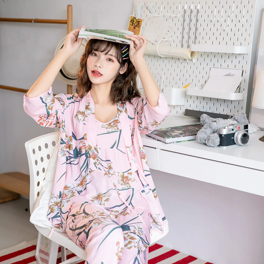 Pajamas Ladies Cotton  Long-sleeved Spring, Summer and Autumn Sexy Suspenders Three-piece Japanese Outerwear Home Service Suit