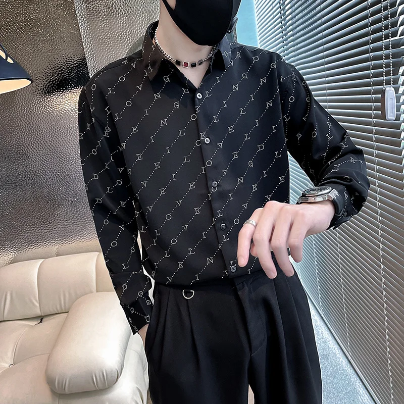 2022 Letter Print Shirts Men Autumn Long Sleeve Casual Slim Shirt Business Dress Shirts Social Party Streetwear Camisa Masculina