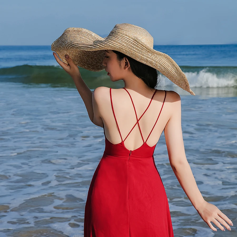 

Summer Elegant Red Strap Dress Women Solid Color Backless Crossover Design Sexy Beach Dress Holiday Vintage Robe Lady Vestidos
