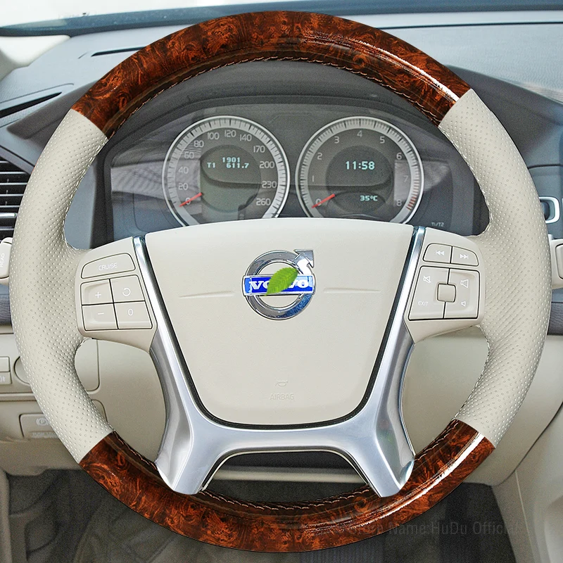 

DIY Wood Grain Carbon Fiber Beige Leather Car Steering Wheel Cover For Volvo XC60 XCS70 S80L S60L S80 XC90 V90 S90 V40 V60