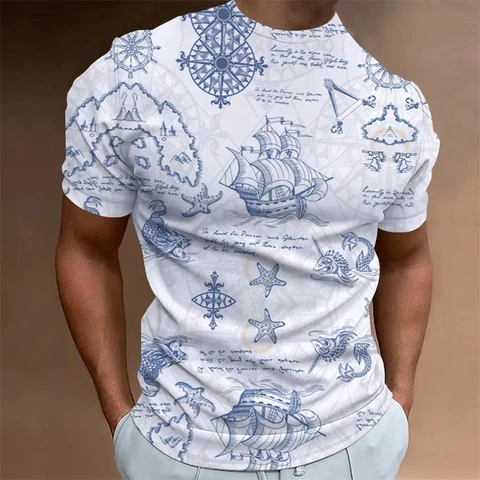 Модные футболки с морской графикой, летние повседневные футболки с коротким рукавом, простые мужские футболки с 3D принтом, трендовые уличные футболки большого размера