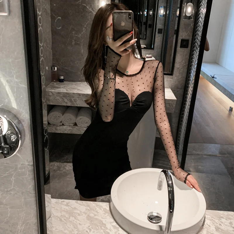 

Temperament Stitching Bag Hip Black Mesh Dress Mini Sexy Slim O Neck Long Sleeve Polka Dot Party Vestidos Grey Transparent
