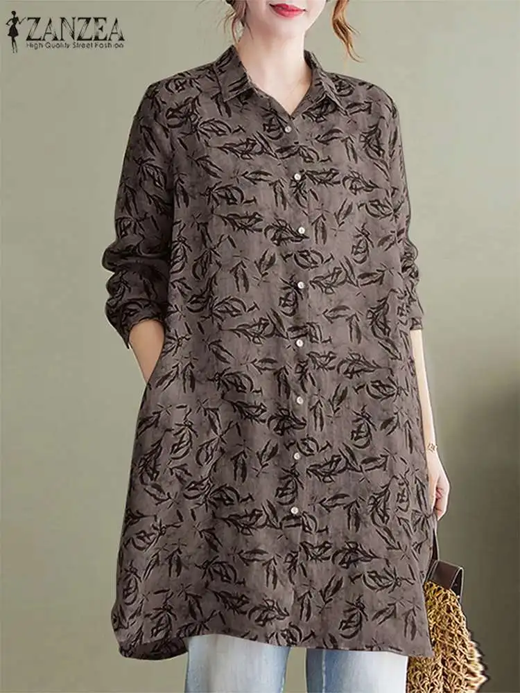 

Женские длинные рубашки ZANZEA с принтом листьев, модная рубашка с пуговицами, карманами, лацканами, топы с длинным рукавом, повседневные Летние праздничные блузки 2023