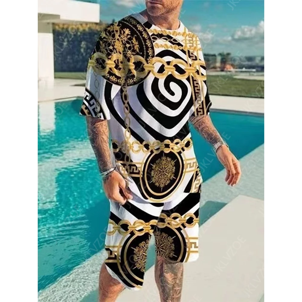 Men's Summer Beach T Shirt Set Sports Suit Short Sleeve 2 Piece Fashion Streetwear O Neck Tracksuit 3D Printed Jogging Oversized