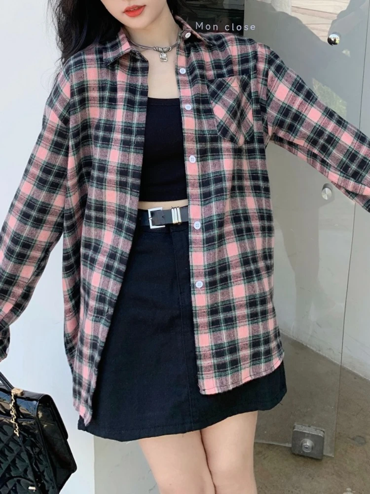 Клетчатые рубашки женские ретро весенние свободные повседневные однобортные