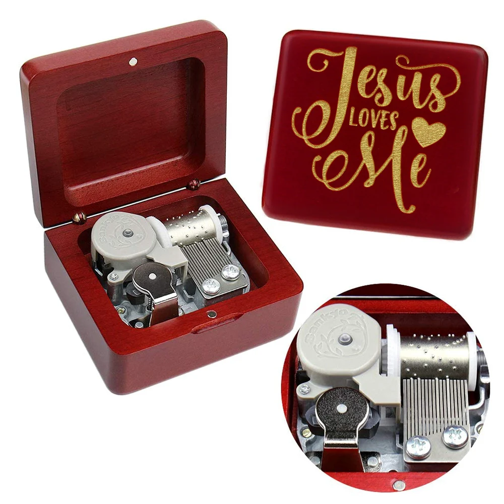 Rosiking Wine red wooden creative music box(JESUS LOVES ME) custom carving DIY For Frends Girl and Children Birthday Gift