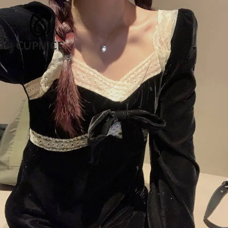 Женское винтажное бархатное платье с кружевом квадратным вырезом |