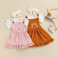 toddler baby girls summer casual sets solid color short sleeve ruffle bodysuit rainbow print suspender skirts bow headband