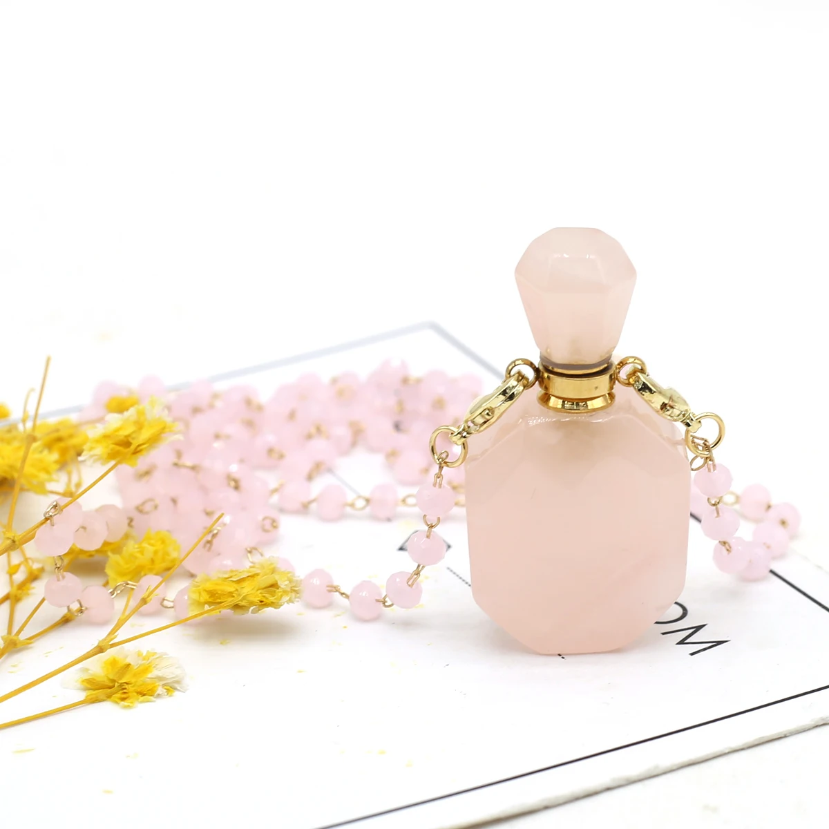 

Natural Semi-precious Stone Essential Oil Diffuser Perfume Bottle Rose Quartz Pendant Necklace Charm Crystal Jewelry Gift 80cm