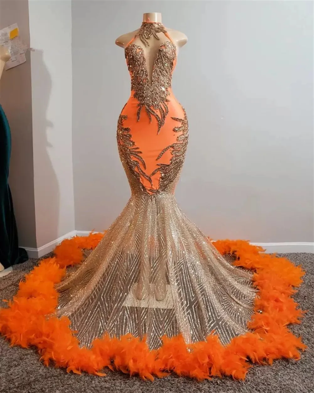 

Orange South African Prom Dresses Mermaid Appliques Beaded Feather Black Girls Nigeria Robe De Soiree Evening Dresses Gown