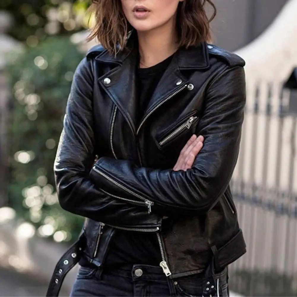 

Куртка женская демисезонная из искусственной кожи с отложным воротником и длинным рукавом