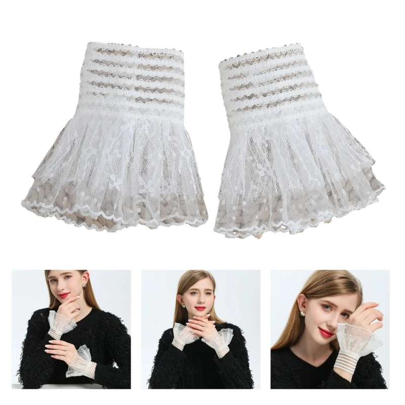 

Q1FA Decorated Layered Wrist Cuffs Spring Summer Lovely Skirt Removable Sleeves Flounces Wrist Sleeves for Women Sweet Girls