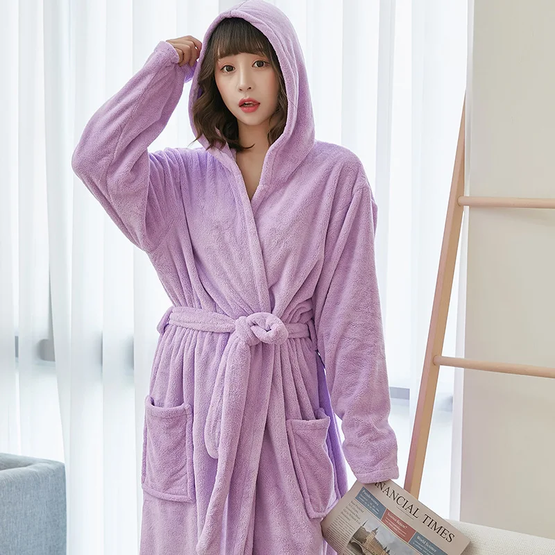 

Solid Women Winter Coral Fleece Hooded Bathrobe Kimono Warm Flannel Bath Robe Cozy Robes Night Sleepwear Ladies Dressing Gown