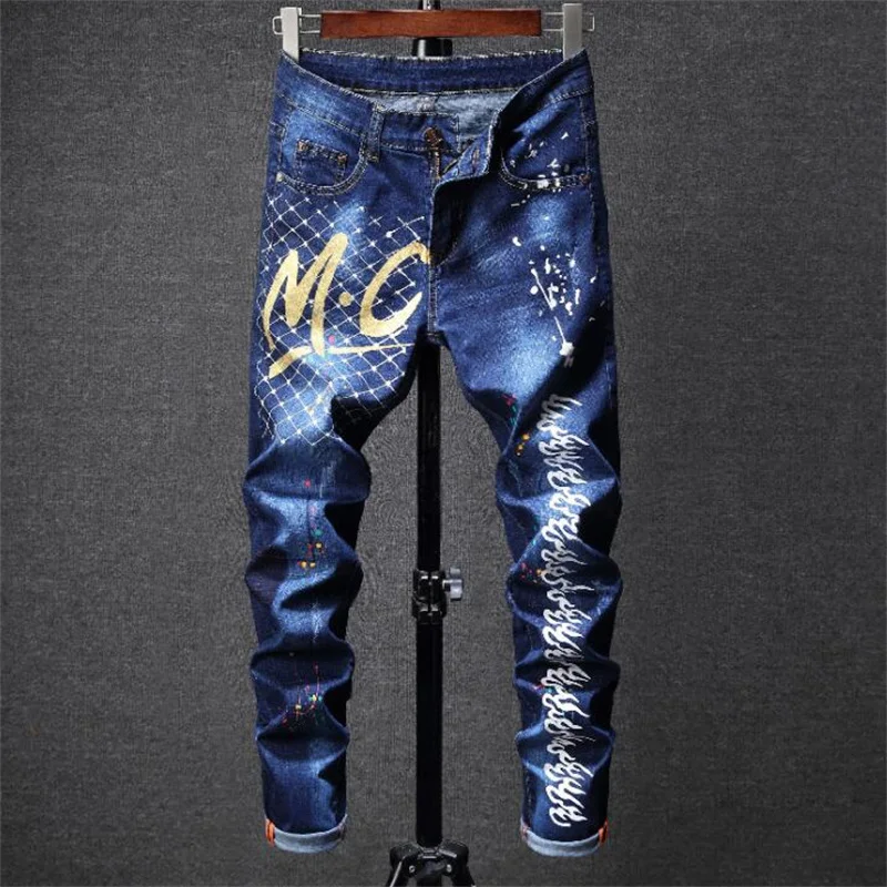 

Motorcycle jeans men biker Small feet jeans men denim pants trousers male masculino fashion Tight stretch blue Letter printing
