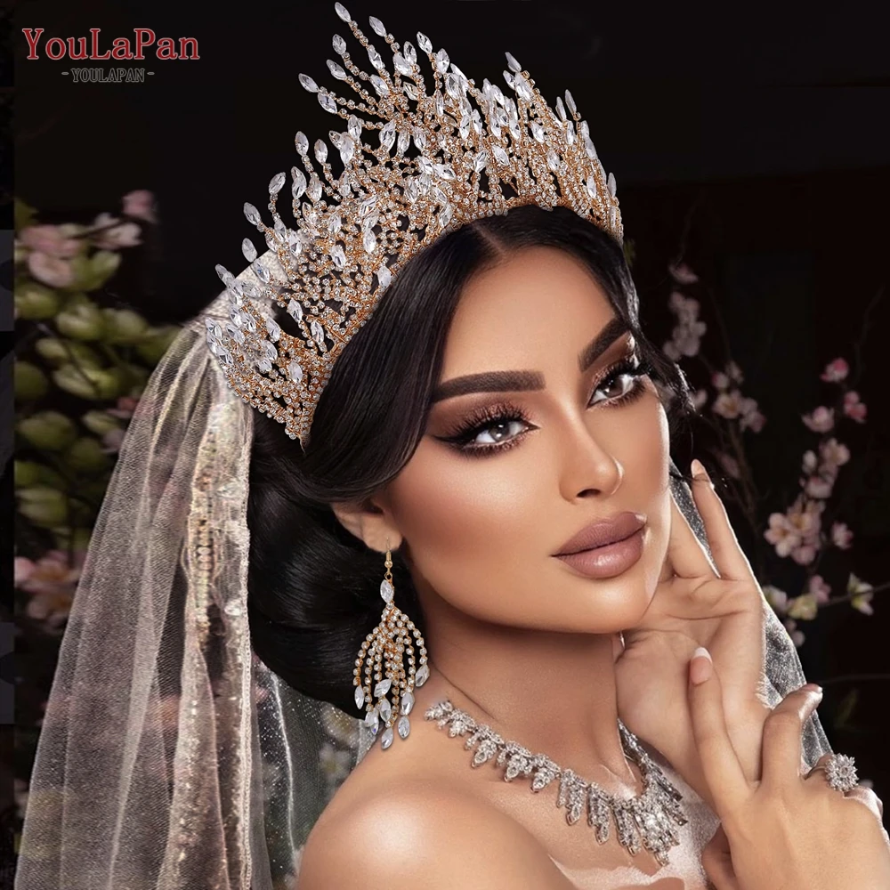 

YouLaPan HP374 Golden Wedding Tiara Rhinestone Bridal Crown Women Headbands Hair Accessories Pageant Crowns Bride Head Jewelry