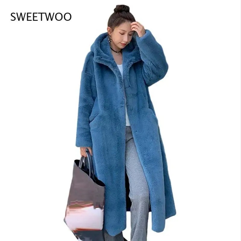 Winter Coat Women Faux Rabbit Hair Fur Coat Korean Hooded Imitation Mink Hair Long Jacket Loose Thick Warm Faux Fur Jacket Tide