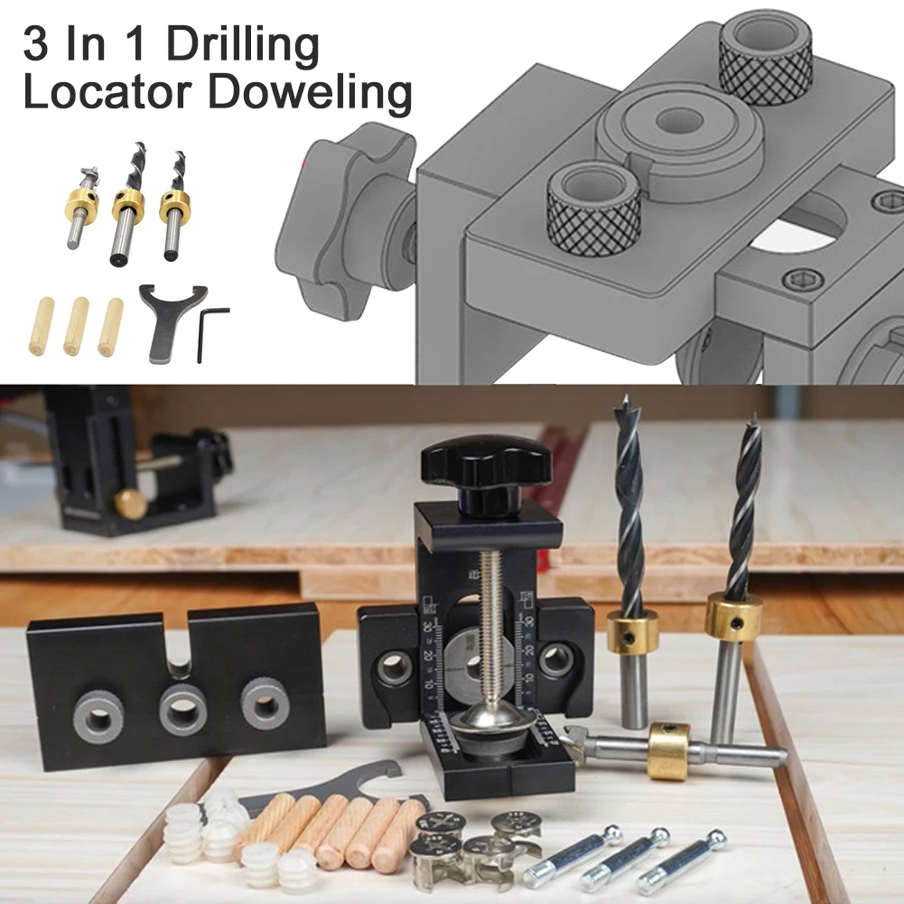 3 In 1 Drilling Locator DIY Aluminum Alloy Doweling Practical Woodworking Tool Hole Jig Kit Handheld Guide Carpentry Positioner