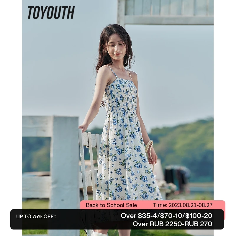 

Toyouth Women Suspended Dress 2023 Summer Sleeveless A-shaped Loose Blue Floral Print Fashion Seaside Vacation Style Skirt