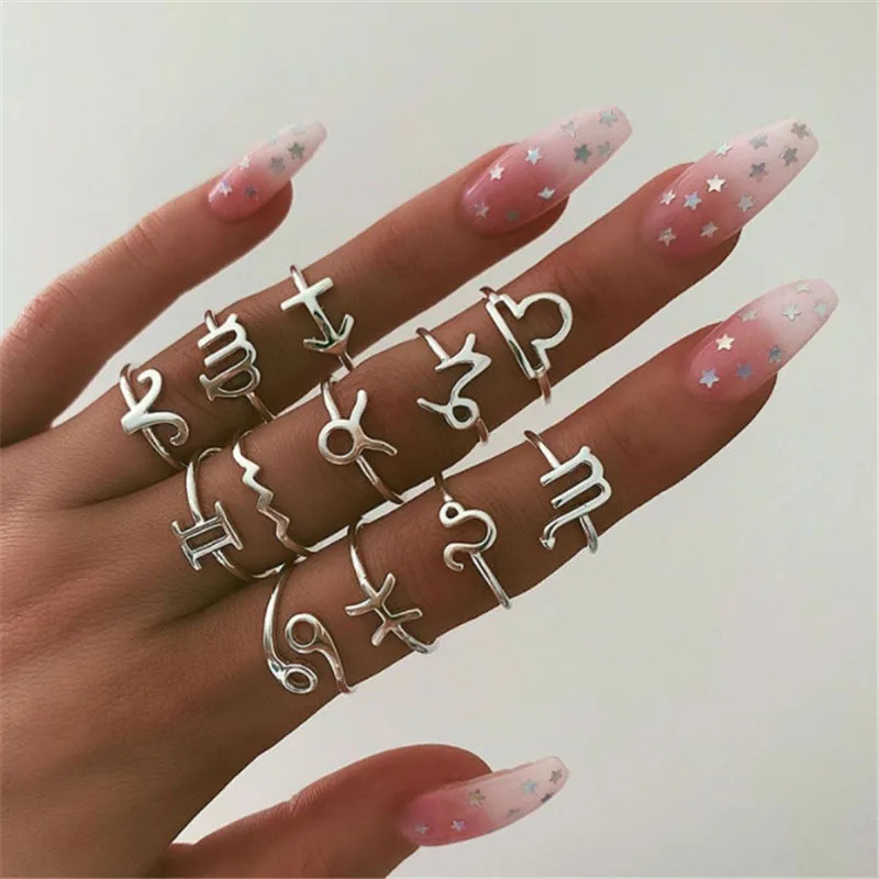 

New Couple Ring Set Gold Sliver Zodiac Sign Rings Set For Women Vintage 12 Constellations Ring Female Statement Fashion Jewelry