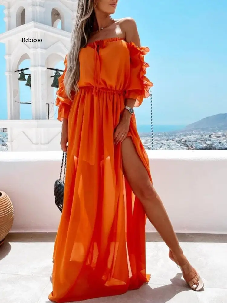 

Sexy Off Shoulder Chest Wrap Dress Boho Women Summer New Casual Beach High Slit Dress Elegant Ruffles Party Maxi Dress Vestidos