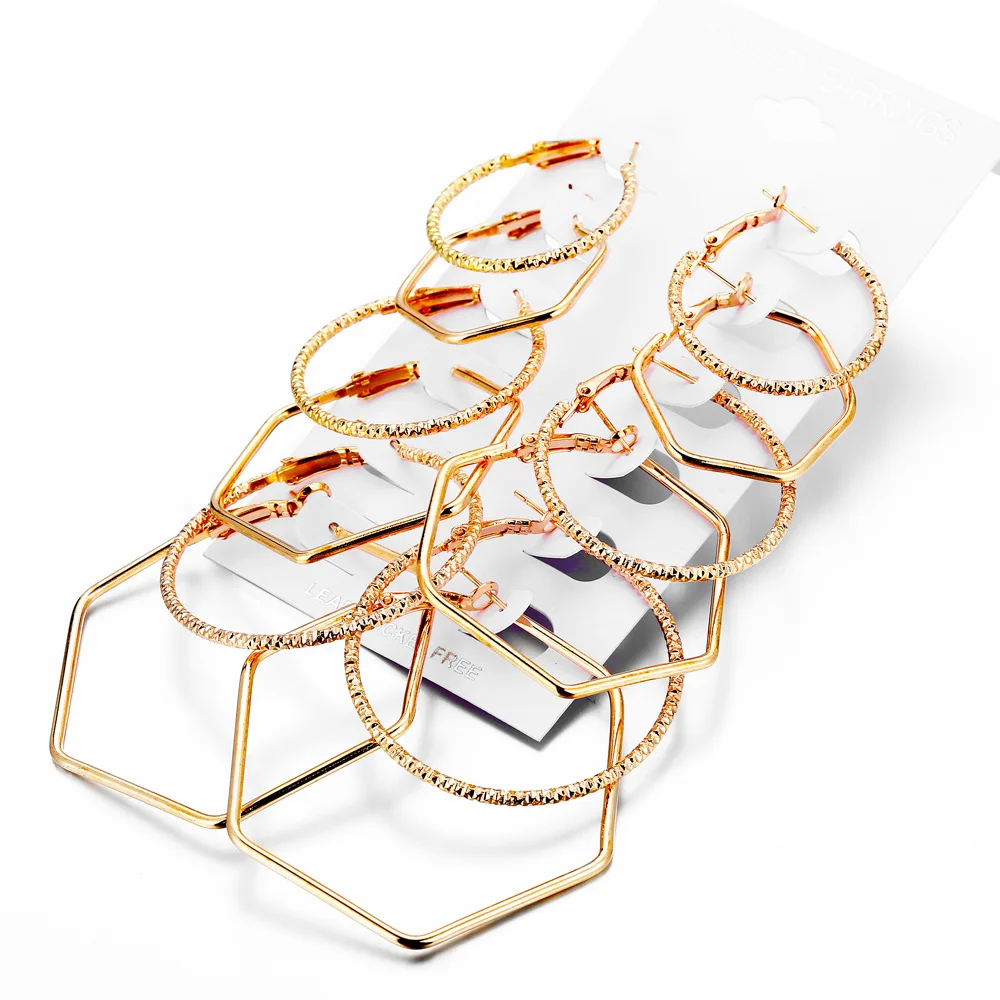 

European and American squatting new ear accessories creative retro exaggerated punk style geometric polygon ear stud set 6 pairs