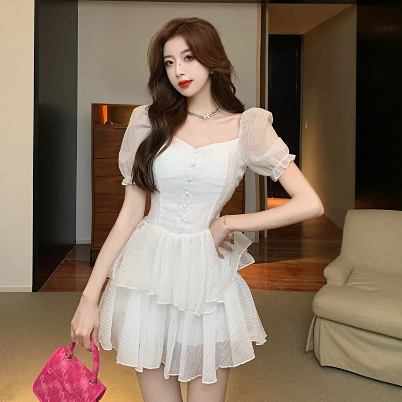 

Платье шифоновое с квадратным вырезом, пикантное с оборками и пышными рукавами, милое дизайнерское короткое платье принцессы на пуговицах ...