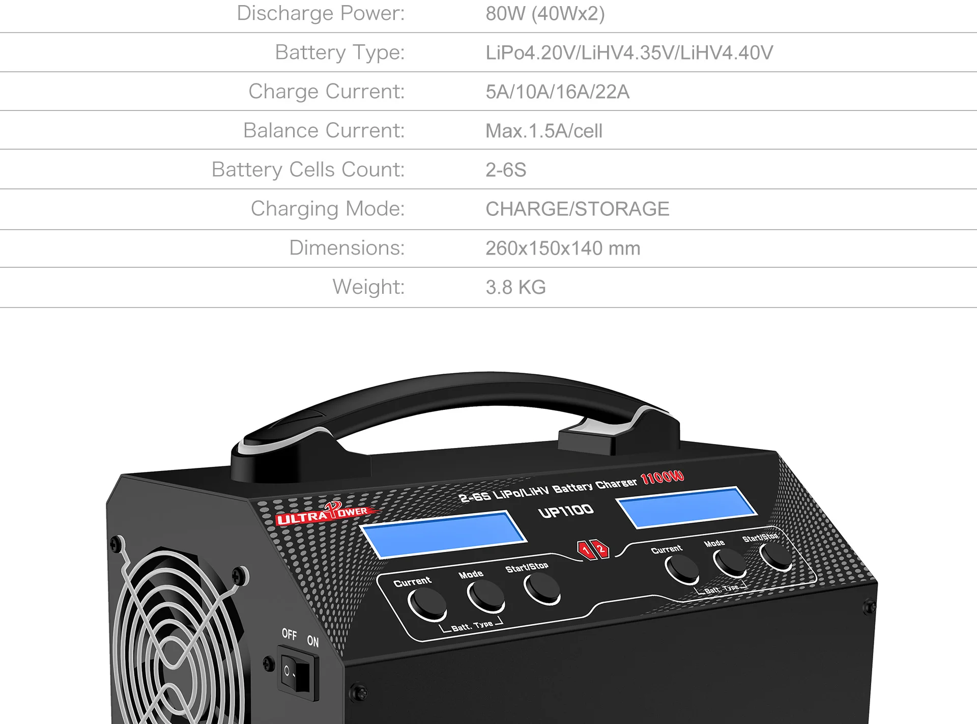 Фото ULTRAPOWER UP1100 Двухканальное интеллектуальное зарядное устройство с множественной защитой, регулируемая, 1100 Вт, 22 А, радиоуправляемая модель, аккумулятор 26S №5