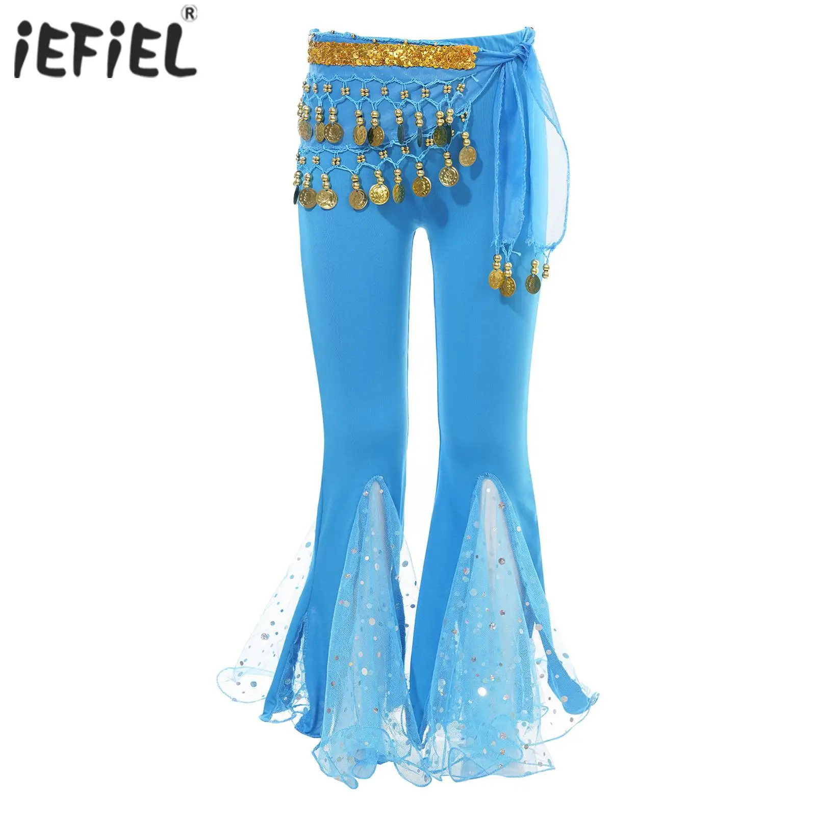 

Kids Girls Belly Dance Performance Costume Outfit Sequined Dots Flared Pants with Beads Coins Tassels Waist Chain Hip Scarf