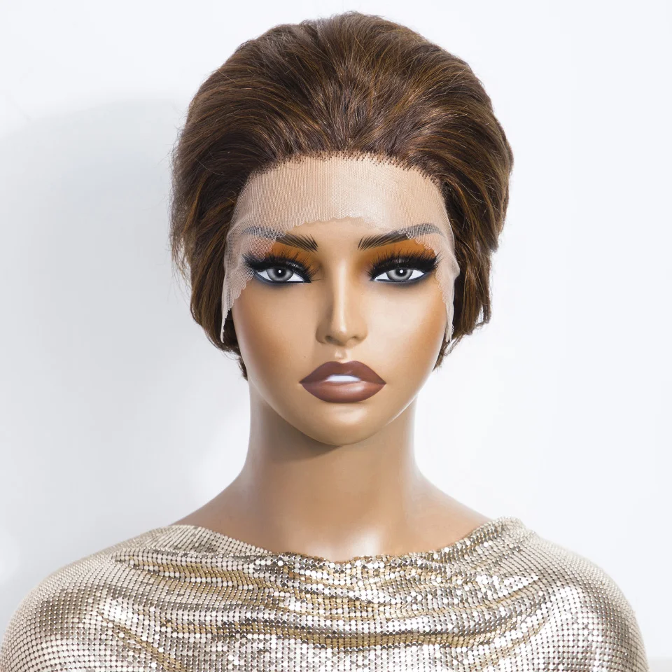 Lekker Highlight Brown Short Pixie Cut Slicked Back Bob 13x1 Парик из натуральных волос на кружеве для