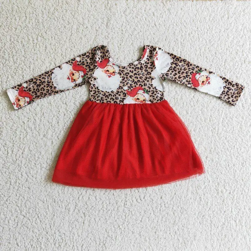 

Бутик Рождества Санта узор платья вечерние девочек с леопардовым принтом с длинным рукавом красная вуаль Высокое качество оптовая продажа ...