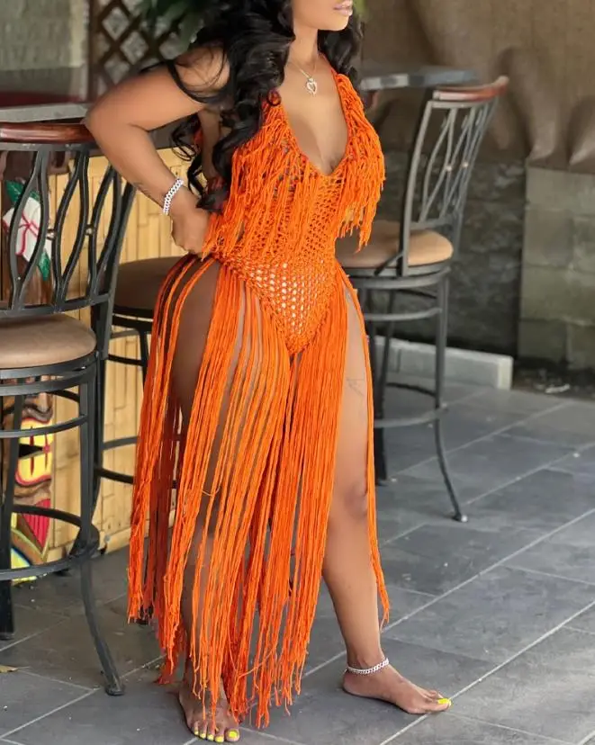 

2023 Summer New Hot Selling Fashion Casual Sexy Women's Tassel Design Halter Backless Crochet Solid Color Top