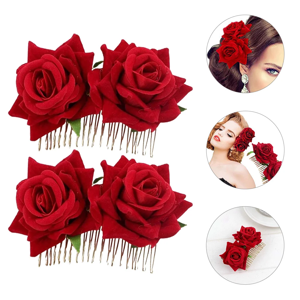 

2 Pcs Jeweled Hair Clips Rose Comb Bridal Pin The Flowers Floral Accessories Fabric Bride